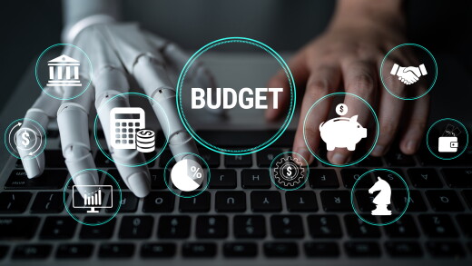 Conceptual Image of Budgeting with Robotic Hand and Human Interaction in Financial Planning Using Technology for Future Finance Management. Glyphic.