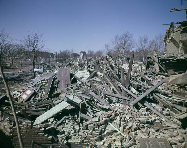 A 1960 picture of the Mill Creek Valley area of St. Louis displays the remains of houses demolished by the city