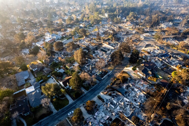An aerial view of burned homes in Los Angeles.
