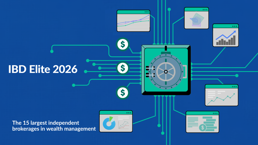 An illustrated image with a blue background and the title for Financial Planning's IBD Elite 2026 study, including the label, "The 15 largest independent brokerages in wealth management," shows money signs and computer or app screens that display wealth management clearing and custody strategies.