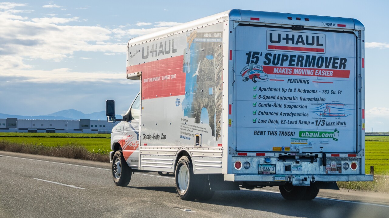 March 25, 2018 Stockton / CA / USA - U-Haul van travelling on the interstate; U-Haul is an American company offering DIY moving solutions