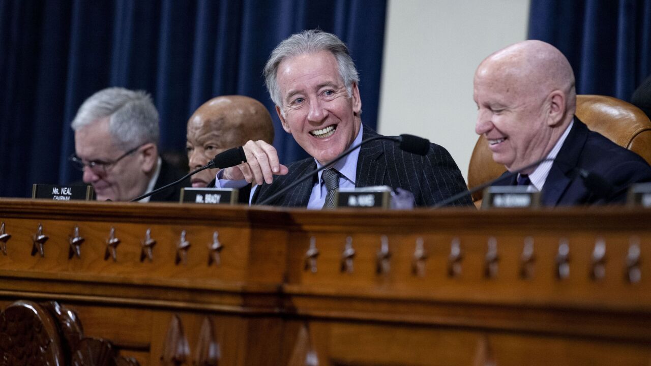 Representative Richard Neal, a Democrat from Massachusetts and chairman of the House Ways and Means Committee, center, and Representative Kevin Brady, a Republican from Texas and ranking member of the committee, right, during a hearing in Washington, DC, on March 6, 2019.