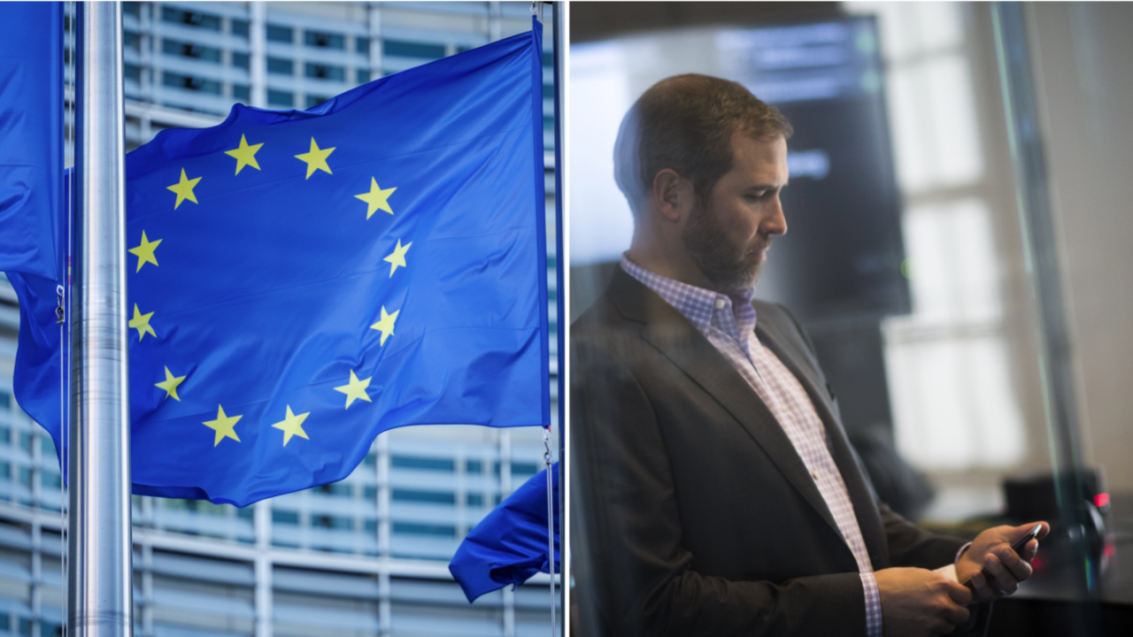 A Diptych of the European Union flag and Ripple Labs CEO Brad Garlinghouse