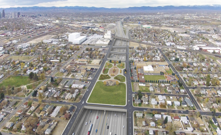 Rendering shows plans for redevelopment of Interstate 70 that bisects National Western Center in North Denver.