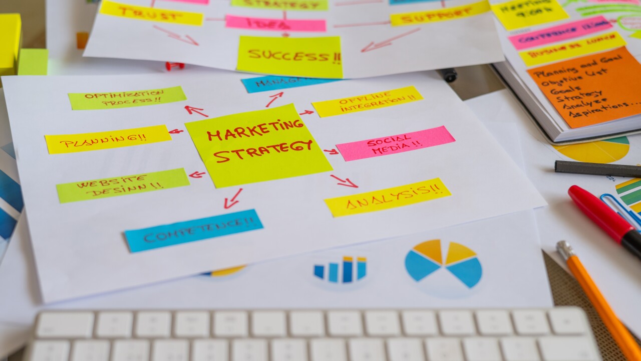 Marketing strategy notes and charts are spread out on a desk with a keyboard, markers, and pencils, showing a business professional developing a comprehensive marketing plan