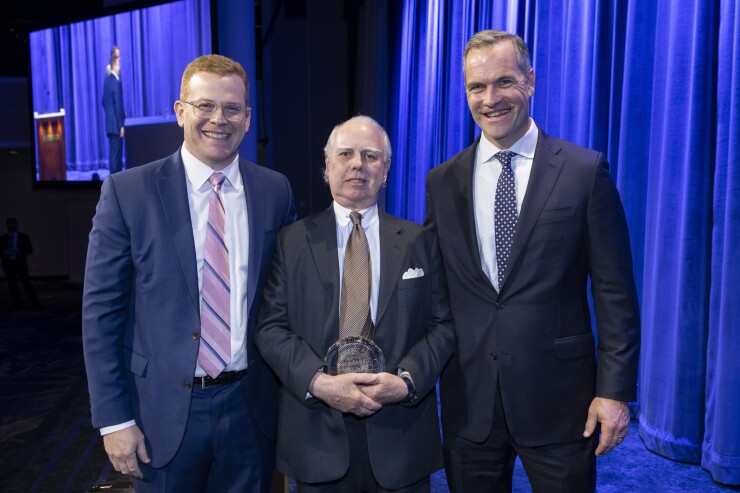 Albert Simons, Michael Britchkow and Kevin Roche onstage at the municipal forum of new york's 2024 dinner