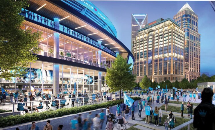 Rendering of exterior of Charlotte's Bank of America stadium after renovations.