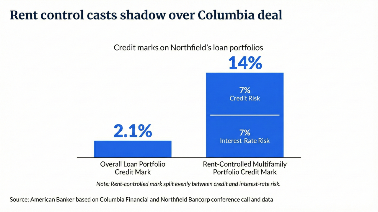 Bar chart: 14% credit mark for rent-controlled multifamily portfolios vs. 2.1% for Northfield’s overall loan portfolio.