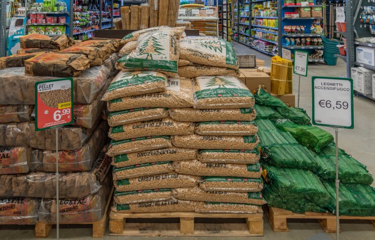 Wood pellets for sale in a store in Italy.