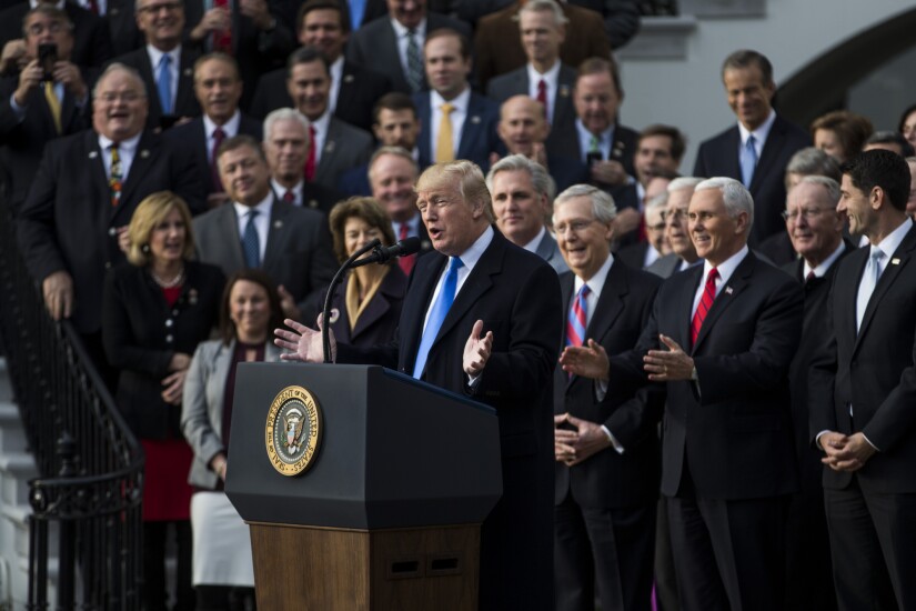 President Trump speaks during a tax bill passage event with Republican congressional leaders.