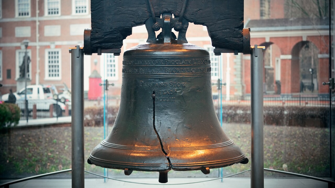 The Liberty Bell outside Independence Hall in Philadelphia
