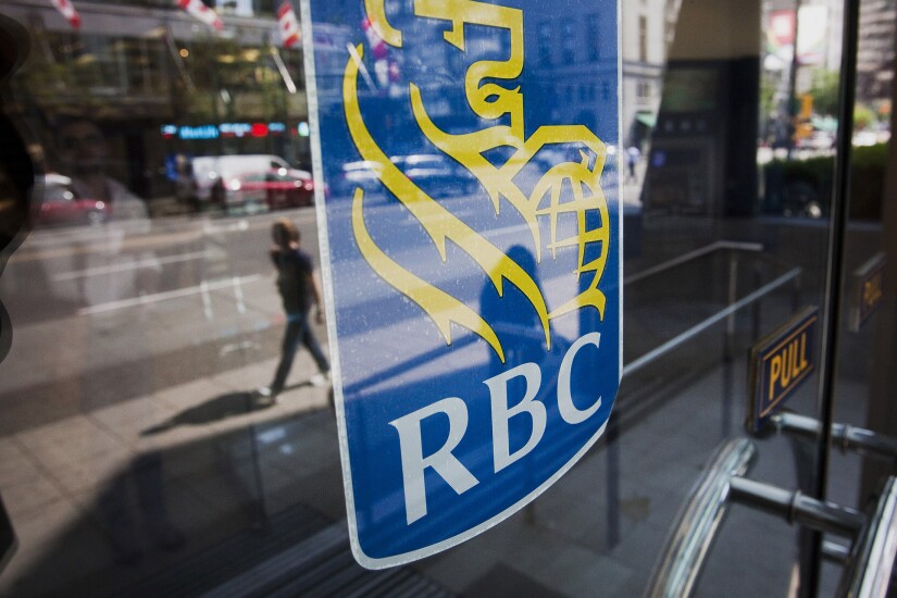 Royal Bank of Canada (RBC) signage on a bank branch door.