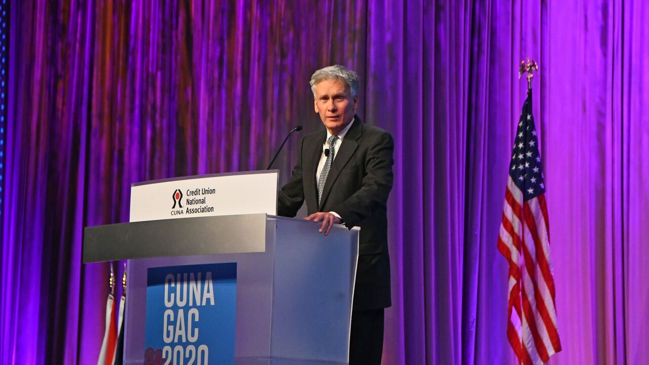 NCUA board member Mark McWatters speaking during the Credit Union National Association's 2020 Governmental Affairs Conference in Washington