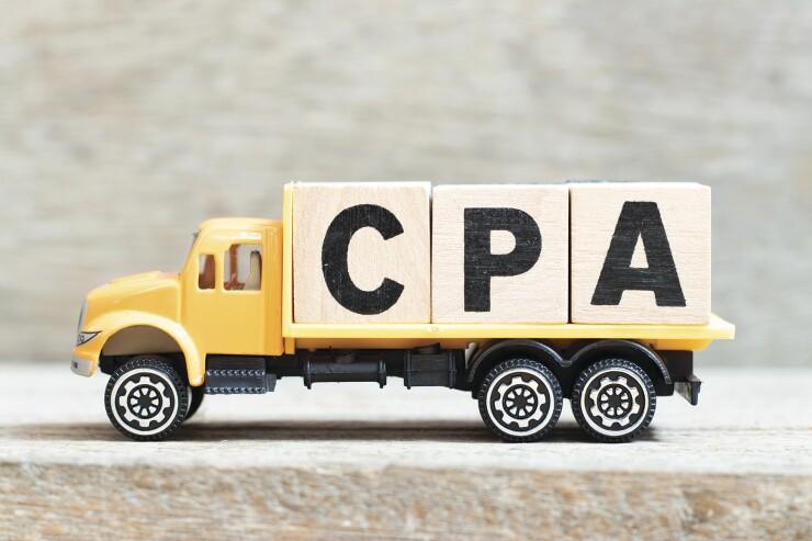 Toy truck hold alphabet letter block in word CPA (Abbreviation o