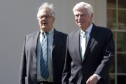 Representative Barney Frank, a Democrat from Massachusetts and House Financial Services Committee Chairman, left and Senator Christopher "Chris" Dodd, a Democrat from Connecticut and Senate Banking Committee Chairman, arrive to speak at a news conference at the White House in Washington, D.C., U.S., on Wednesday, March 24, 2010