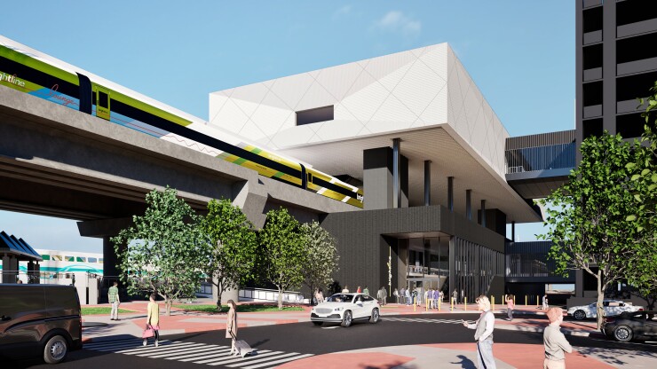 Rendering of a planned southern California station serving the Brightline West train.