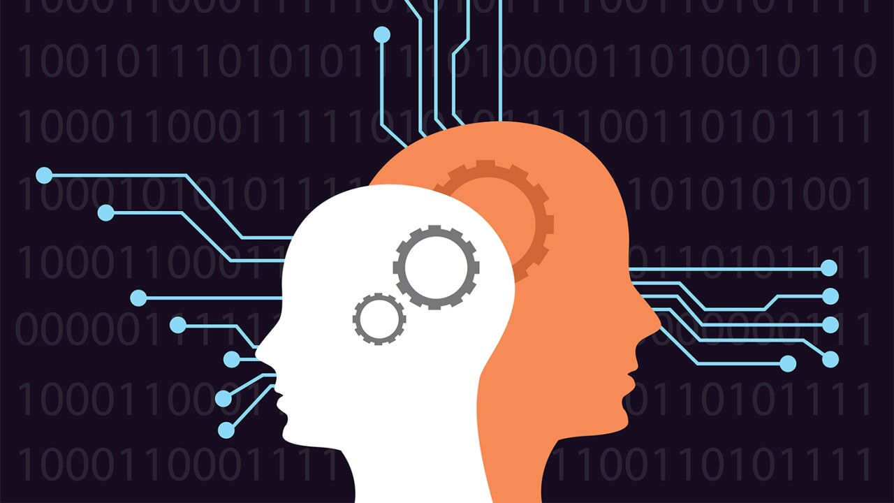 Illustration showing two heads with circuitry, representing artificial intelligence