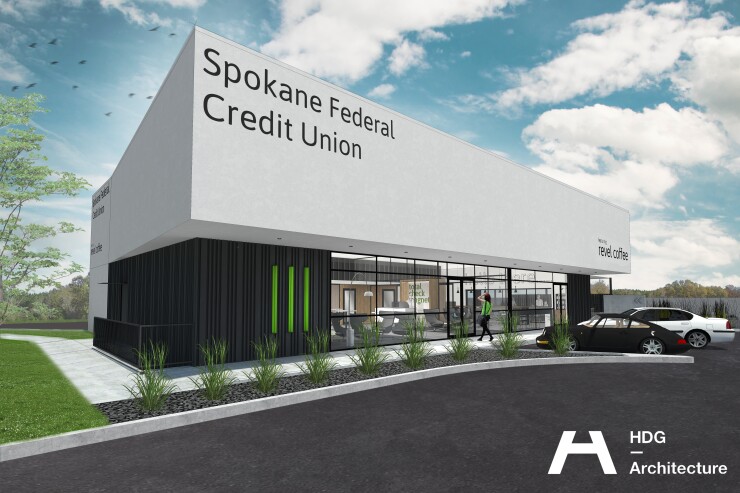 An artist's rendering of a proposed branch for Canopy Credit Union (formerly known as Spokane FCU) that would have shared space with Revel 77, a local coffee company. The branch opened in September 2019, but the coffee shop option did not pan out.
