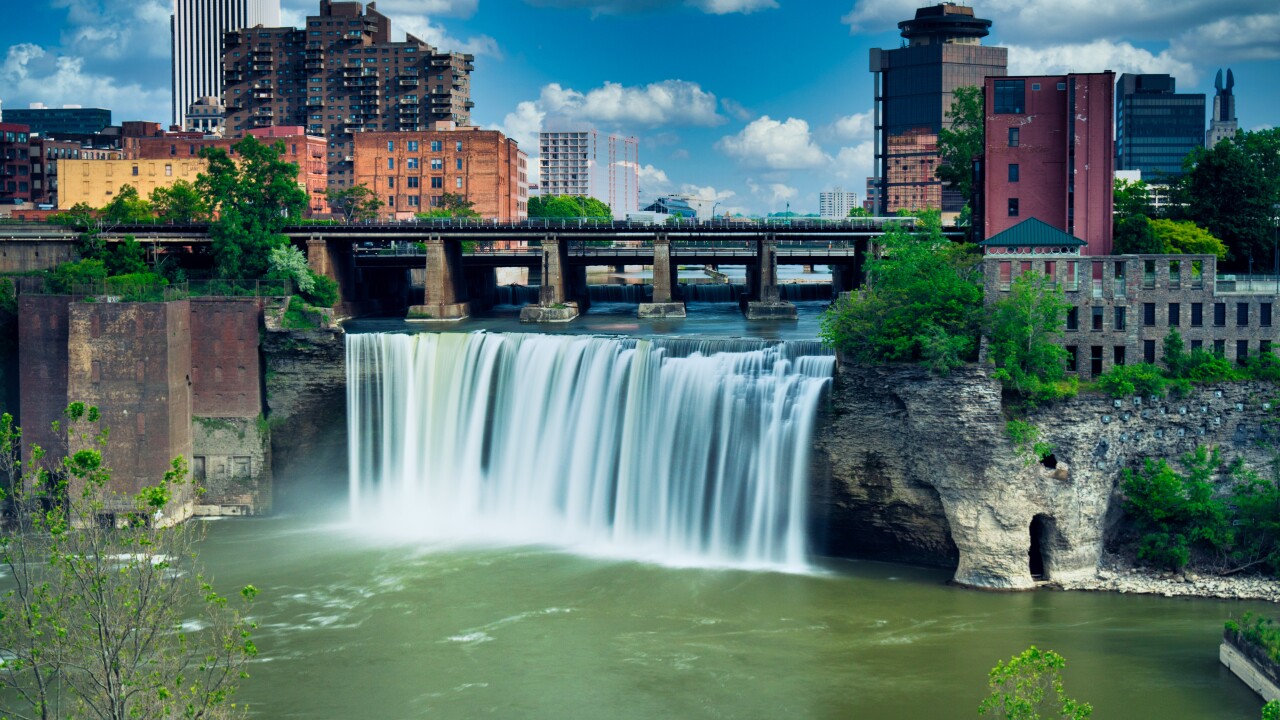 High Falls district in Rochester New York under cloudy summer skies