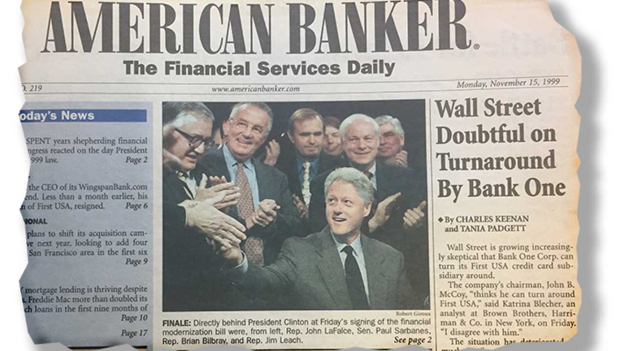 American Banker's front page from Nov. 15, 1999.