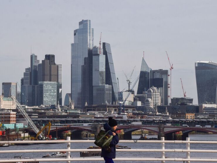Waterloo Bridge past the City of London skyline