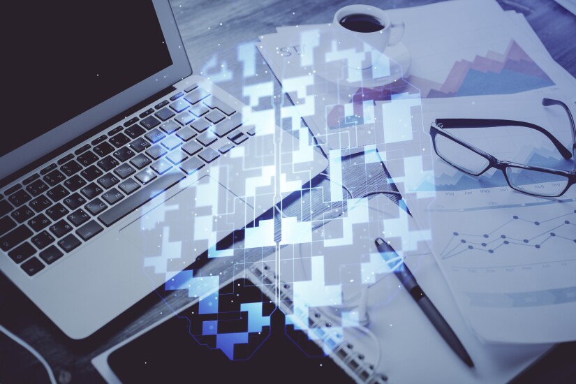 Double exposure of table with computer on background and data theme drawing. Concept of innovation.