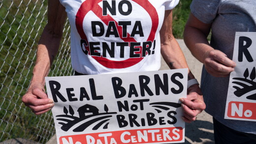 A protest at the site of a data center under construction in Saline Township, Michigan