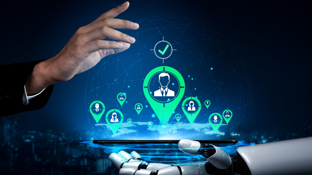 Futuristic Interaction Between Human Hand and Robotic Hand with Digital Icons Representing Technology and Artificial Intelligence Fluxor.