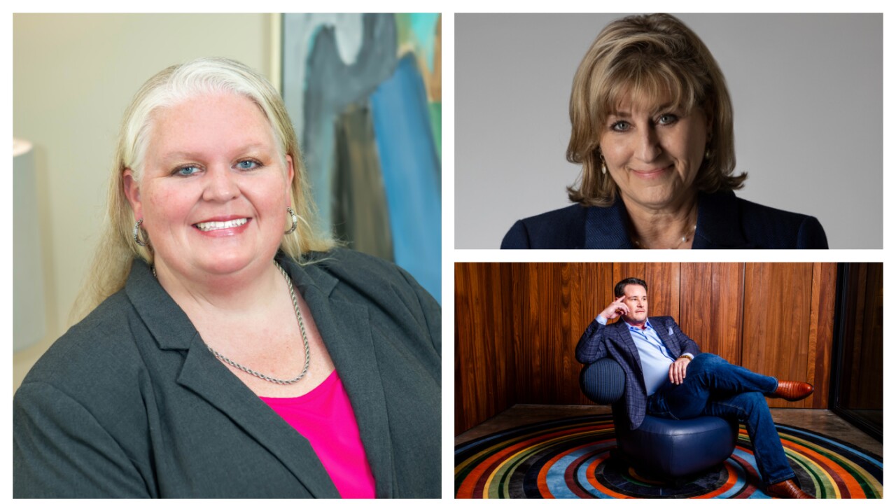 Clockwise from left: Kim Kirk, chief operations officer at Queensborough National Bank and Trust Company; Lauren Sparks, founder and CEO of Agility Bank; Allan Rayson, chief innovation officer and chief technology officer at Encore Bank