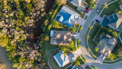 Aerial view from a drone of Florida homes in a neighborhood near Tampa