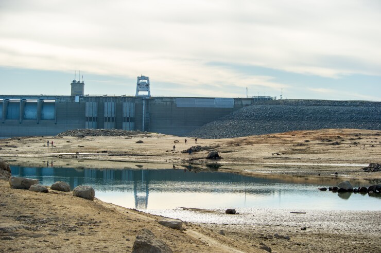 Low water drought conditions at Folsom Dam and Lake near Sacramento, California, January 26, 2014