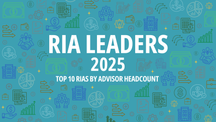 A turquois illustration with financial symbols in blue, green and orange surround a title that reads, "RIA Leaders 2025: Top 10 RIAs by Advisor Headcount"