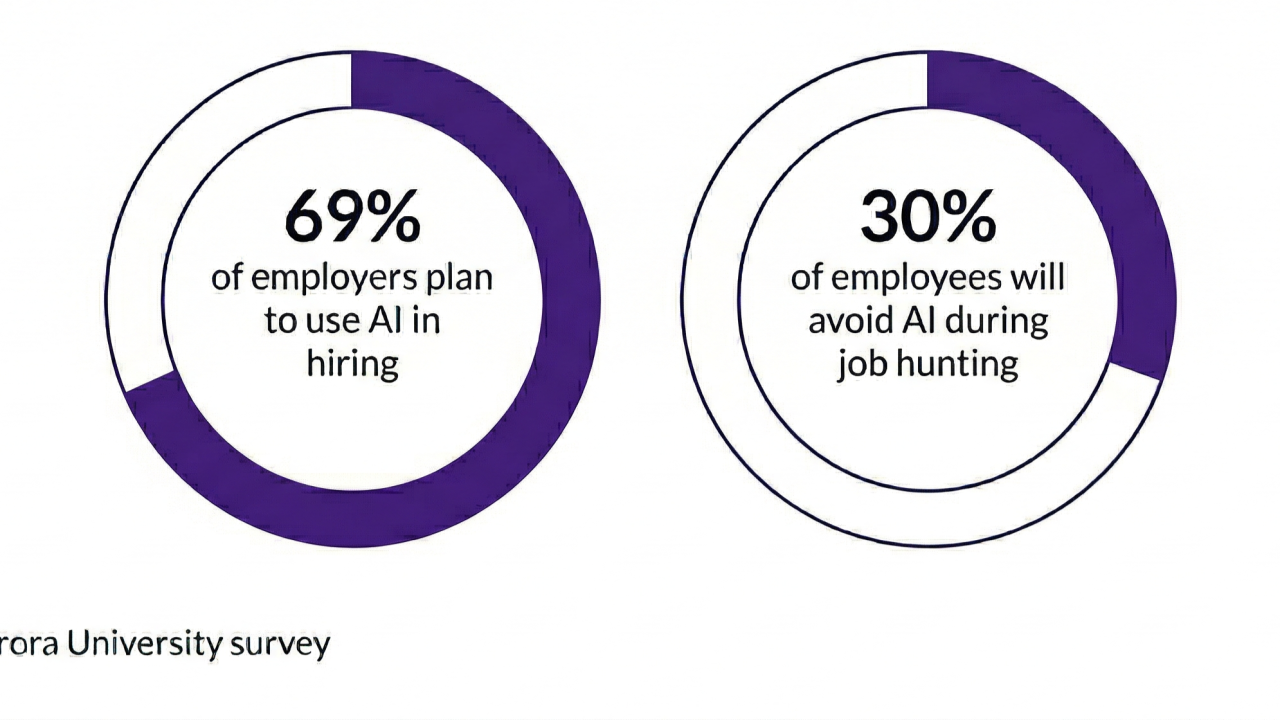 Graphs depicting employer and employee sentiment about AI being used in the hiring process.