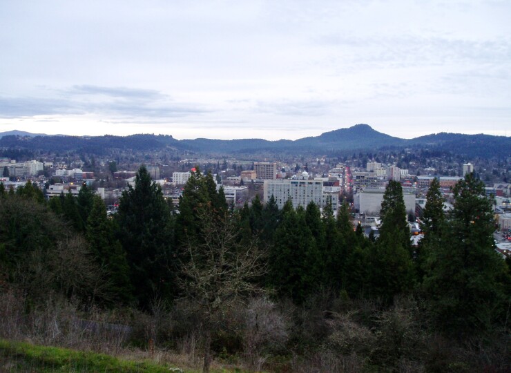 Downtown Eugene's skyline and Spencer Butte as seen from Skinner Butte in North Eugene