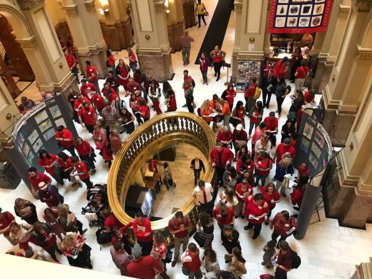 Colorado teachers gather in the state capitol on April 16, 2008 to seek more education funding.