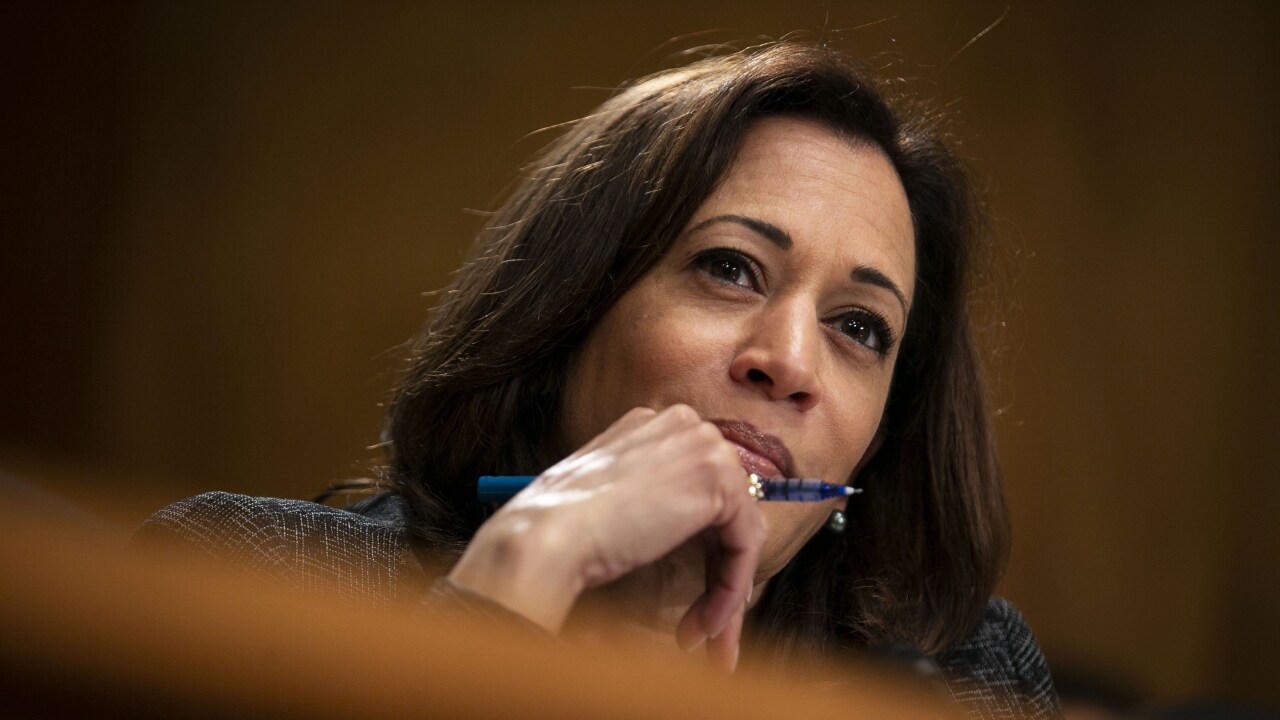 Senator Kamala Harris, a Democrat from California, listens during a Senate Homeland Security committee hearing on Capitol Hill.
