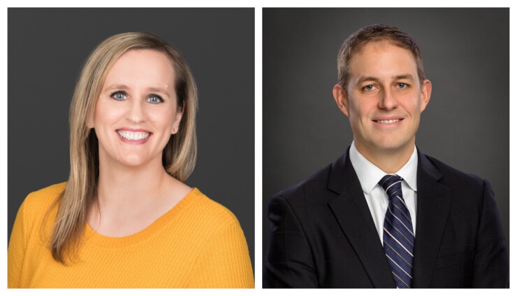 Teri Hodgett, chief risk officer at Sunrise Banks, left. Reid Whiting, chief banking officer of Five Star Bank, right.