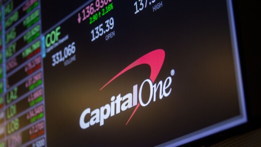 A sign for Capital One's stock at the New York Stock Exchange.