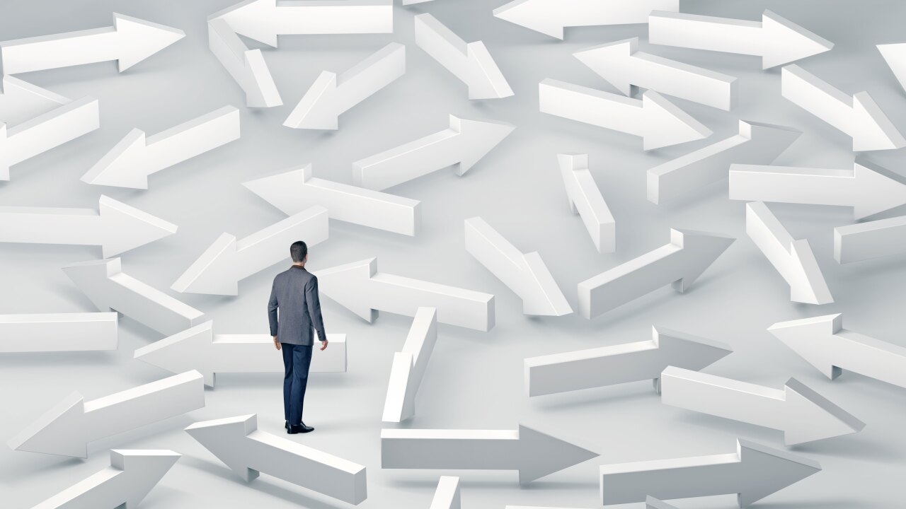 Illustration of a businessman facing many choices