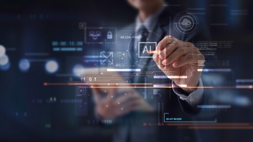 Man touching AI prompt on virtual screen