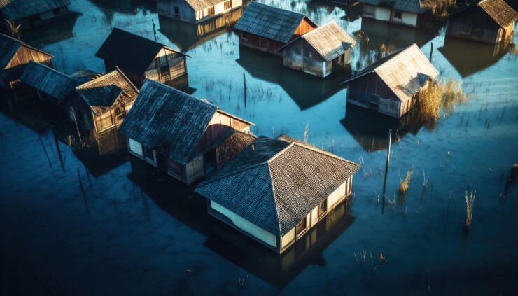 An aerial view of flooded houses.