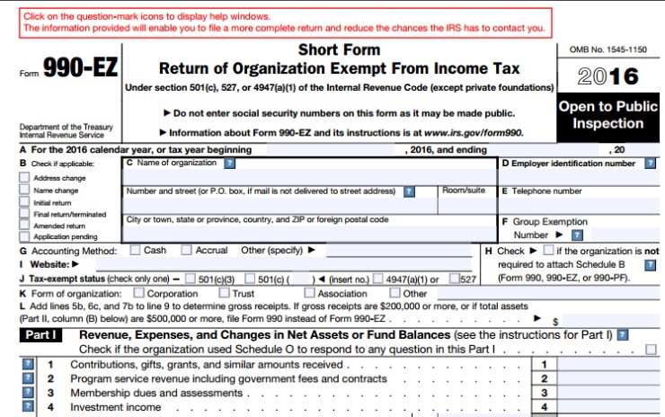 The newly updated Form 990EZ with the question mark icons