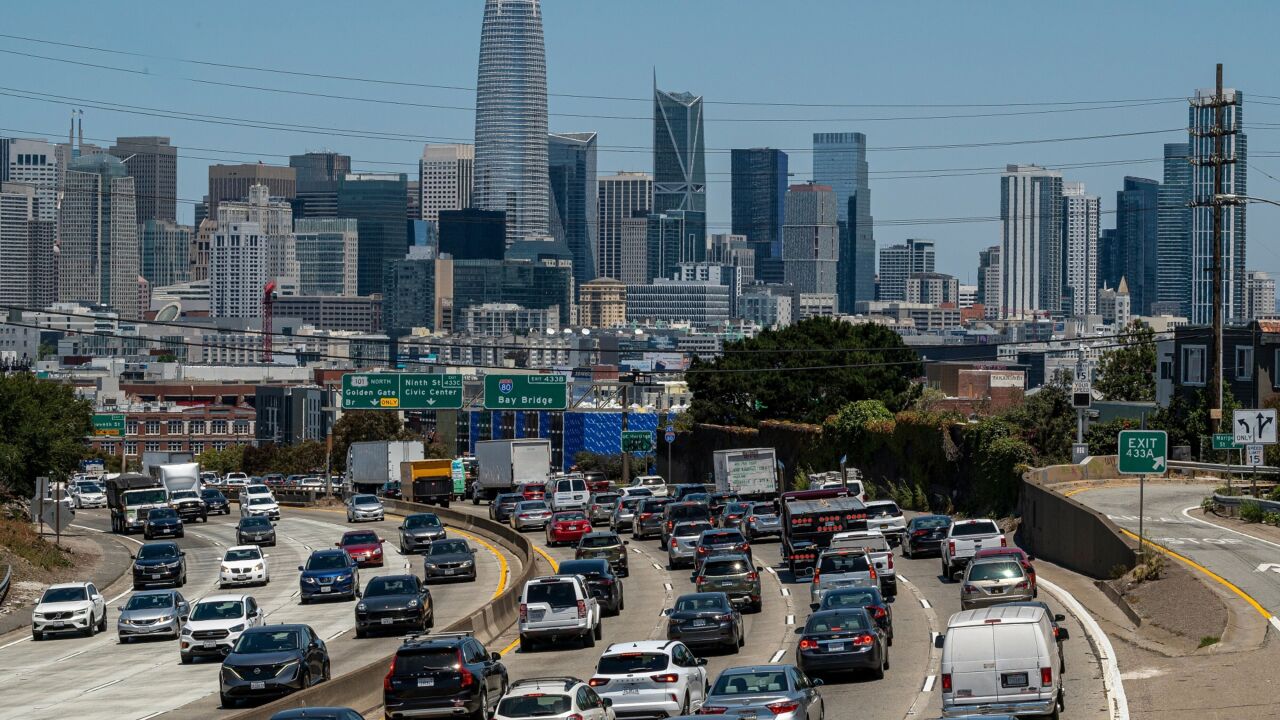 Traffic on highway 101 in San Francisco, California, US, on Thursday, June 29, 2023. More than 43 million motorists will drive 50 miles or more from their homes this Independence Day weekend, according to a forecast from AAA. Photographer: David Paul Morris/Bloomberg