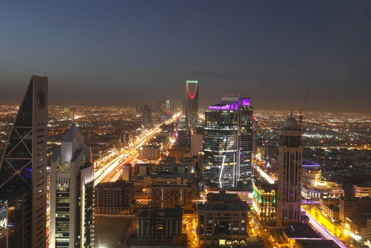 The nighttime skyline of Riyadh, Saudi Arabia.