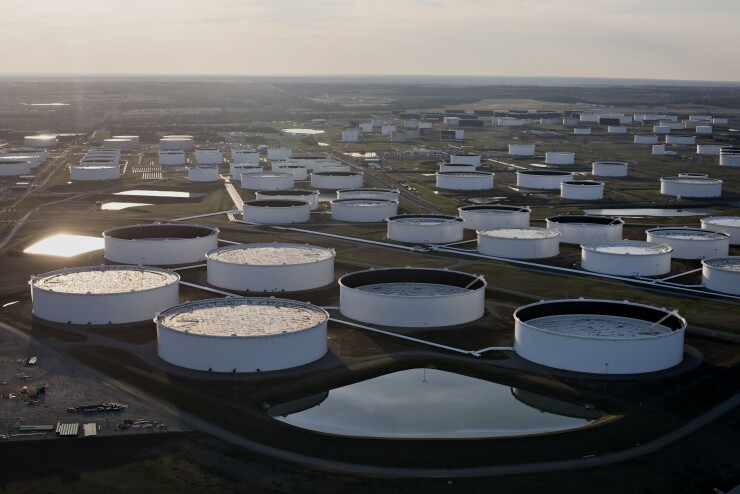 Oil storage tanks stand in this aerial photograph taken above Oklahoma.