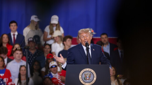 President Donald Trump speaks during an event inside Eugene Levy Fieldhouse at Rockland Community College in Suffern, New York.