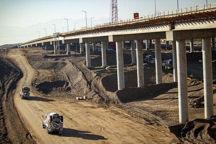 January 2019 construction of the Salt River Bridges on the Loop 202 South Mountain Freeway project in metro Phoenix, Arizona. It is being built as a P3 with Connect 202 Partners, comprised of Fluor Enterprises, Granite Construction, and Ames Construction.