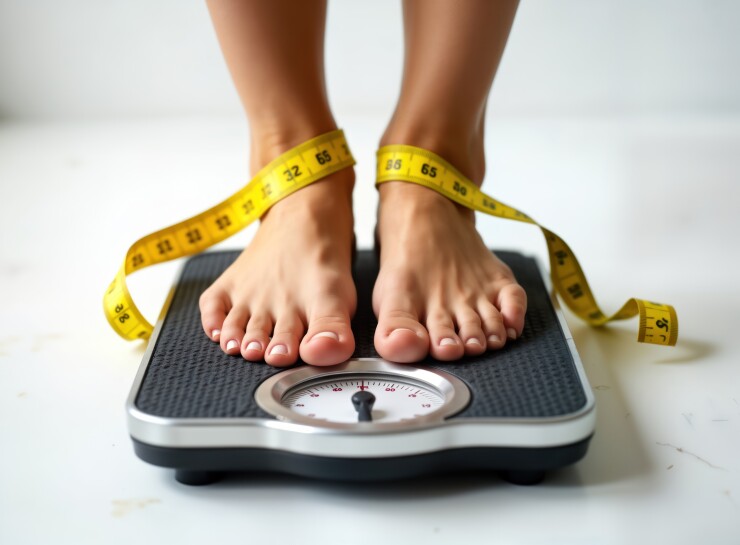 Feet on scale with measuring tape around ankles, weight loss