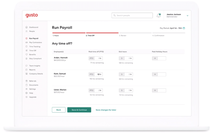 Screenshot of HR management software Gusto
