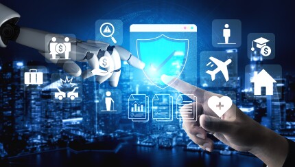 robotic hand reaching for human hand with overlay of computer graphic icons